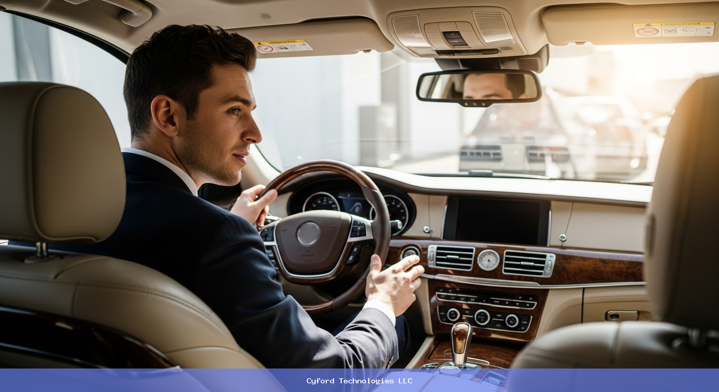 professional premium rideshare driver interacting with passenger luxury vehicle bright daylight